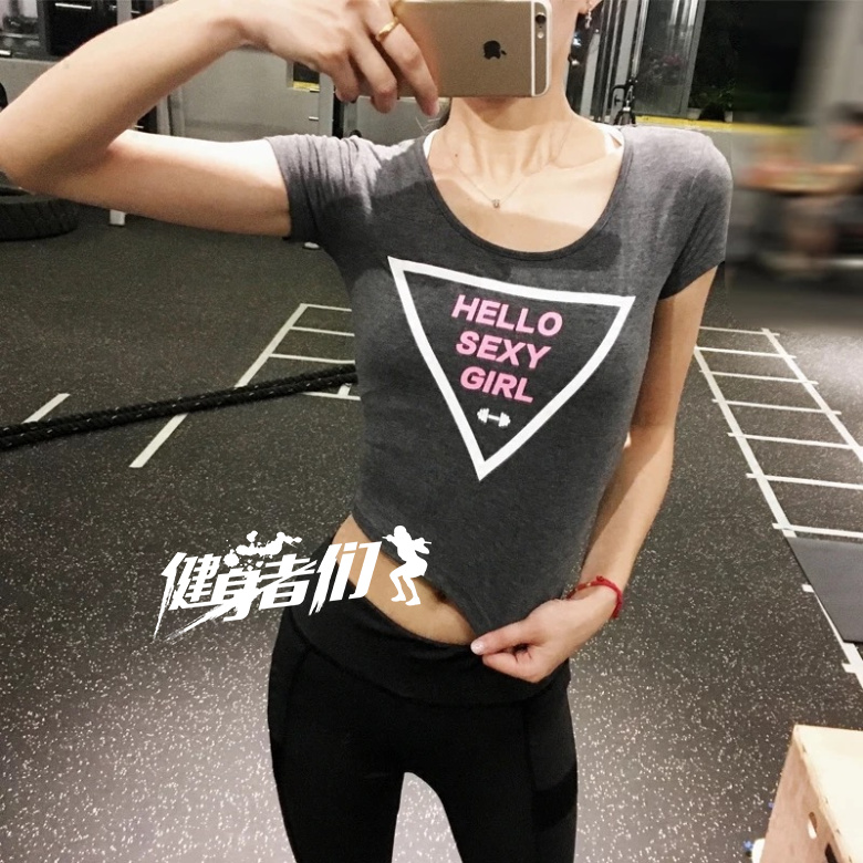 Net red goddess with the same fitness sports letters short open waist short-sleeved T-shirt yoga suit casual summer tight stretch