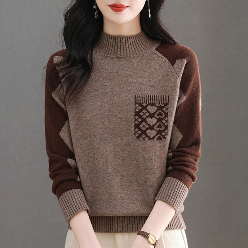 Half-Turtleneck Color-Blocked Wool Sweater, Loose Fit, Flattering, Stylish Short Style, 2025 Autumn and Winter New Thickened Wool Sweater, Wool Base Layer Half-Turtleneck Color-Blocked Wool Sweater, Loose Fit, Flattering, Stylish Short Style, 2025 Autumn and Winter New Thickened Wool Sweater, Wool Base Layer