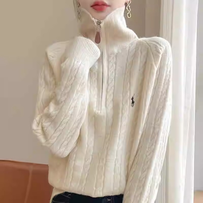 2025 Women's Half-Zip Turtleneck Cashmere Sweater Loose Knitwear Turn-Down Collar Loose Casual Woolen Coat