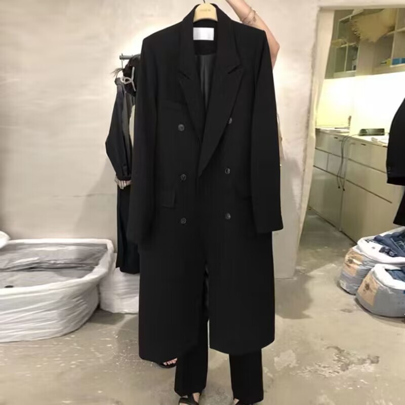 Black Shoulder-Padded Long Blazer for Women, High-End Drape Trench Coat, Early Autumn Loose and Versatile Casual Suit Coat