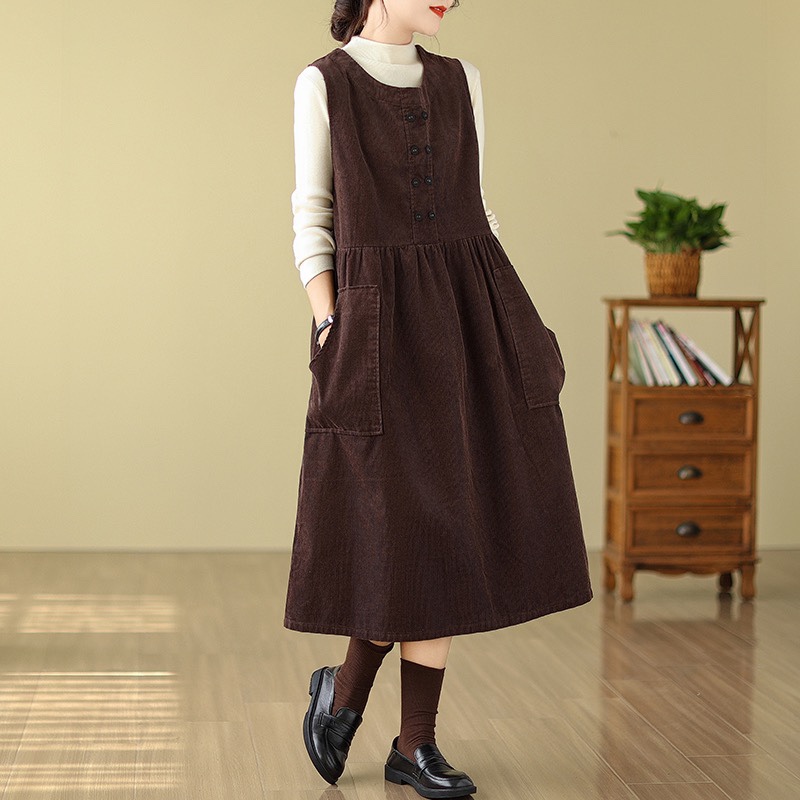 Cotton Corduroy Suspender Skirt Mid-Length Dress for Women, Retro Literary Style, Plus Size, Double-Breasted, Sleeveless Vest Dress