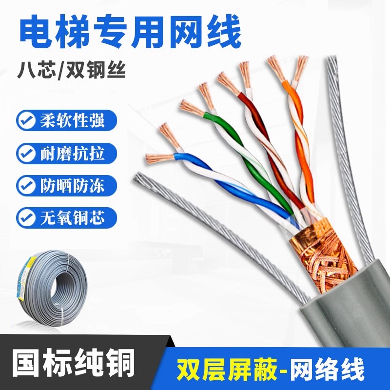 Elevator-Specific Network Cable, National Standard, Double Steel Wire, 8-Core Pure Copper Flat Drag Chain Cable, Power Cord, Surveillance Camera