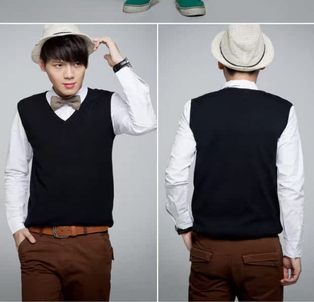 Mùa xuân và mùa thu nam Giới trẻ Dệt len ​​Áo len không tay Áo len cổ chữ V phiên bản Hàn Quốc của áo vest vai cỡ lớn sợi chạm đáy vest vest nam hàn quốc