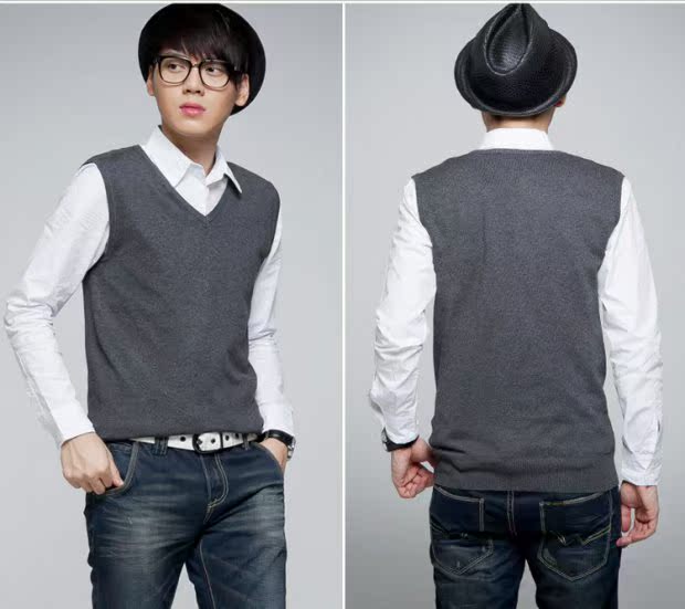 Mùa xuân và mùa thu nam Giới trẻ Dệt len ​​Áo len không tay Áo len cổ chữ V phiên bản Hàn Quốc của áo vest vai cỡ lớn sợi chạm đáy vest vest nam hàn quốc