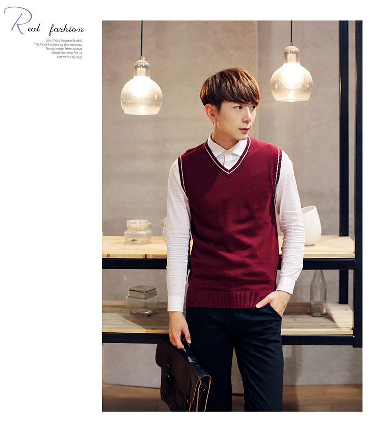 Thu đông nam xu hướng áo len dệt kim giản dị Slim màu rắn cổ chữ V trẻ trung không tay vest vest vest cotton áo vest nam hàn quốc
