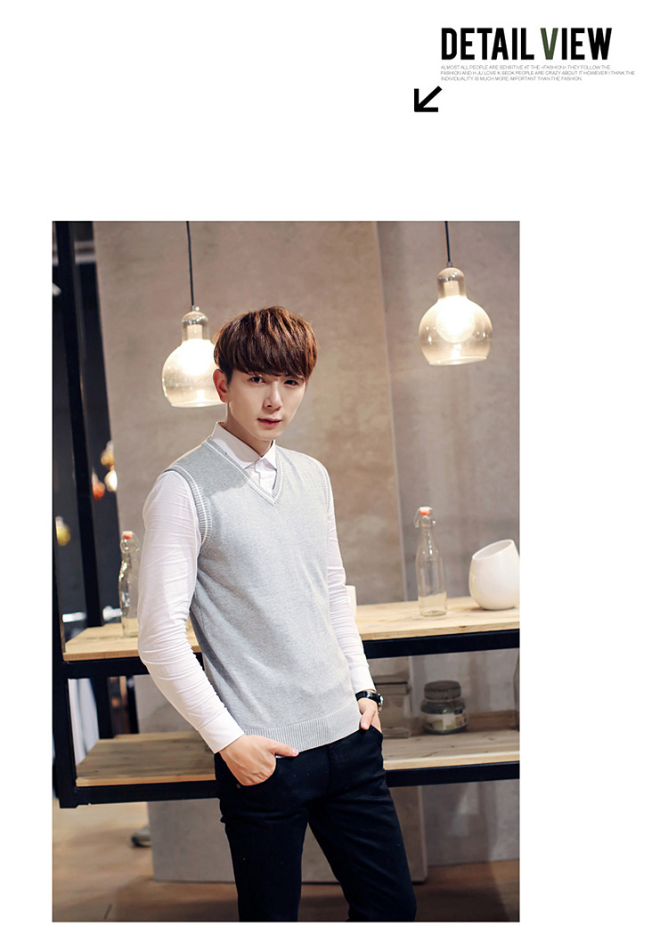 Thu đông nam xu hướng áo len dệt kim giản dị Slim màu rắn cổ chữ V trẻ trung không tay vest vest vest cotton áo vest nam hàn quốc