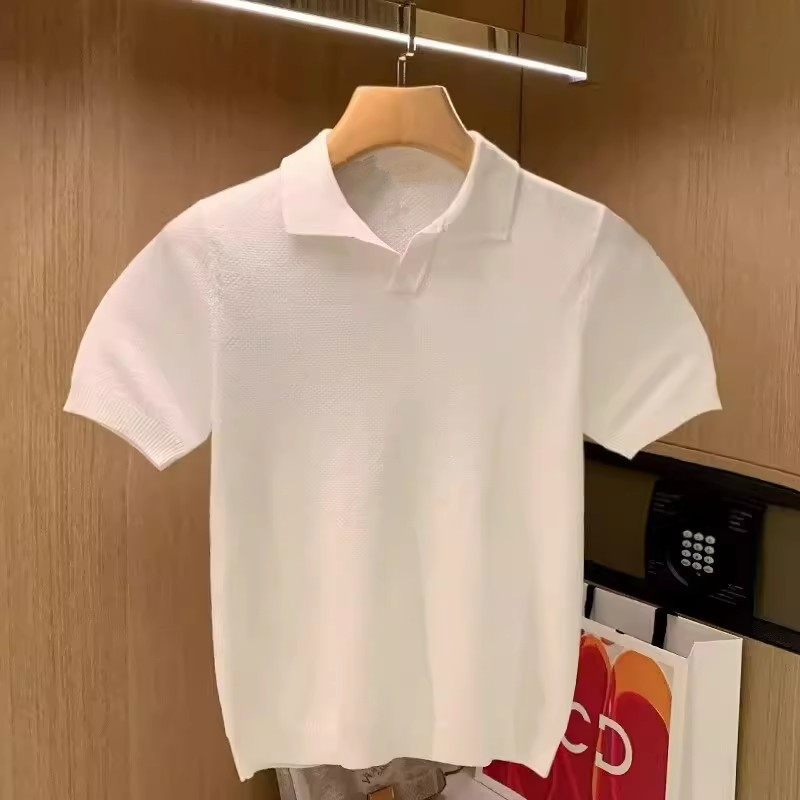 Summer Breathable Solid Color Lapel T-Shirt Short-Sleeve Base Shirt High-End White Casual Men's Knit Polo Shirt Half-Sleeve