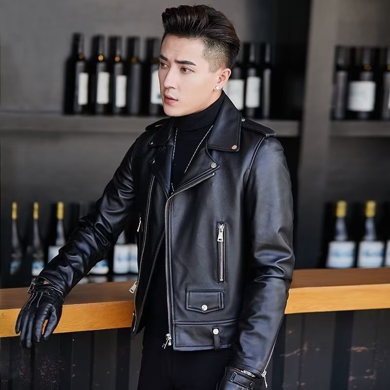 Slim-Fit Leather Jacket for Men, Korean Style, Handsome, 2026 Autumn and Winter, Youth Trendy, Lapel Short Men's Jacket, Motorcycle Leather Jacket Slim-Fit Leather Jacket for Men, Korean Style, Handsome, 2026 Autumn and Winter, Youth Trendy, Lapel Short Men's Jacket, Motorcycle Leather Jacket