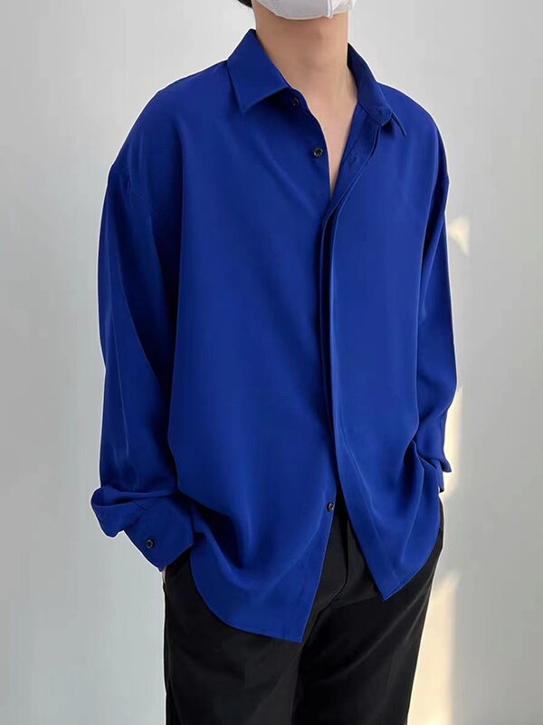 Light Mature Style, High-End Klein Blue Long-Sleeved Shirt for Men, Spring and Autumn Casual, Loose, Versatile, Cool and Drapey Shirt Light Mature Style, High-End Klein Blue Long-Sleeved Shirt for Men, Spring and Autumn Casual, Loose, Versatile, Cool and Drapey Shirt