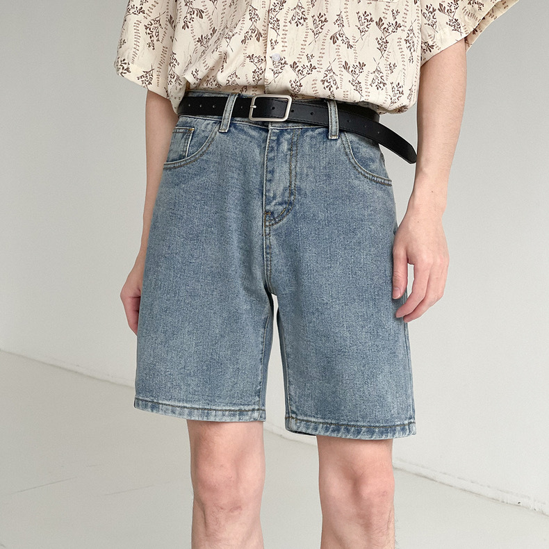 Versatile Mid-Length Denim Shorts for Men, Loose Straight-Leg Casual Five-Point Pants, Trendy Brand, Summer Washed Blue Pants ins