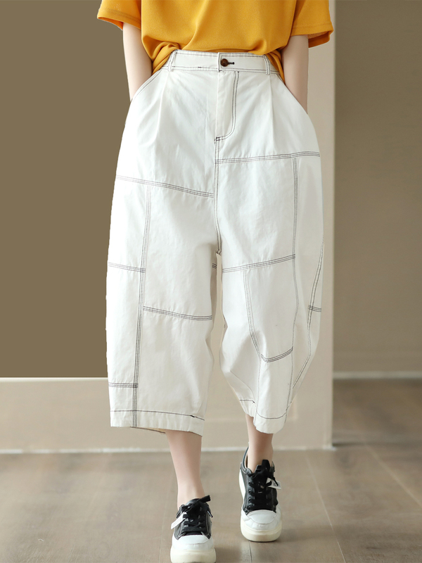 Summer New Loose-Fitting Cropped Pants for Women, Three-Dimensional Patchwork, All-Cotton Women's Pants, Fashionable Visible Seam Wide-Leg Pants, Casual Cargo Pants