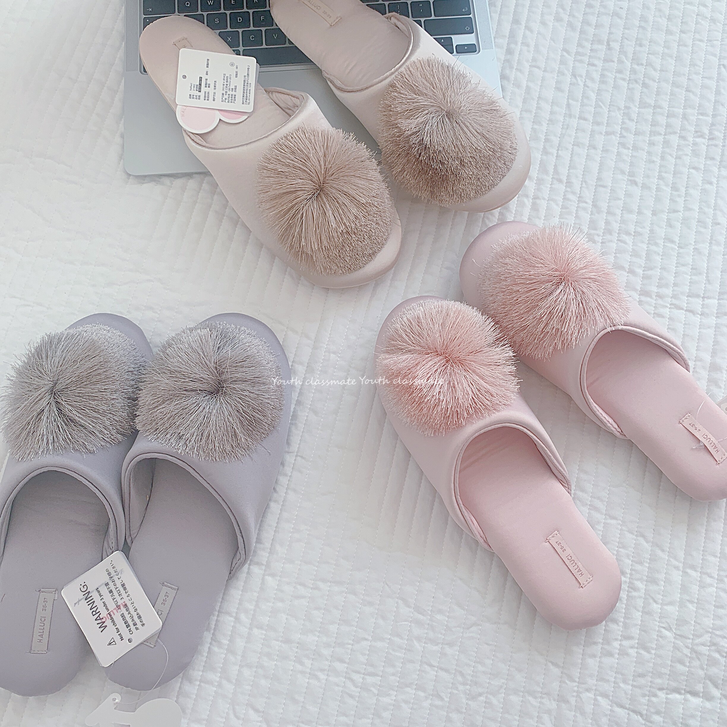 Spring-autumn silk sliding satin pasta fluo ball comfortable home slippers breathable indoor muted non-slip stay-at-home slippers