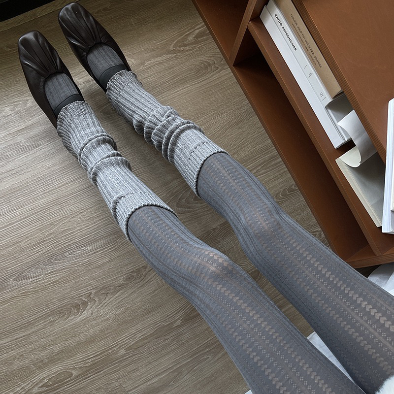 Japanese Retro Vertical Striped Gray Stockings with Heart-Shaped 3D Jacquard Hollow-Out Design, Jk Pure Desire Slimming Pantyhose