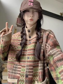 Sweater for Women in Autumn and Winter, Lazy Style, Retro, Loose, Versatile, Contrasting Color Splicing, High-Neck Knitwear, Mid-Length Over-The-Knee Jacket