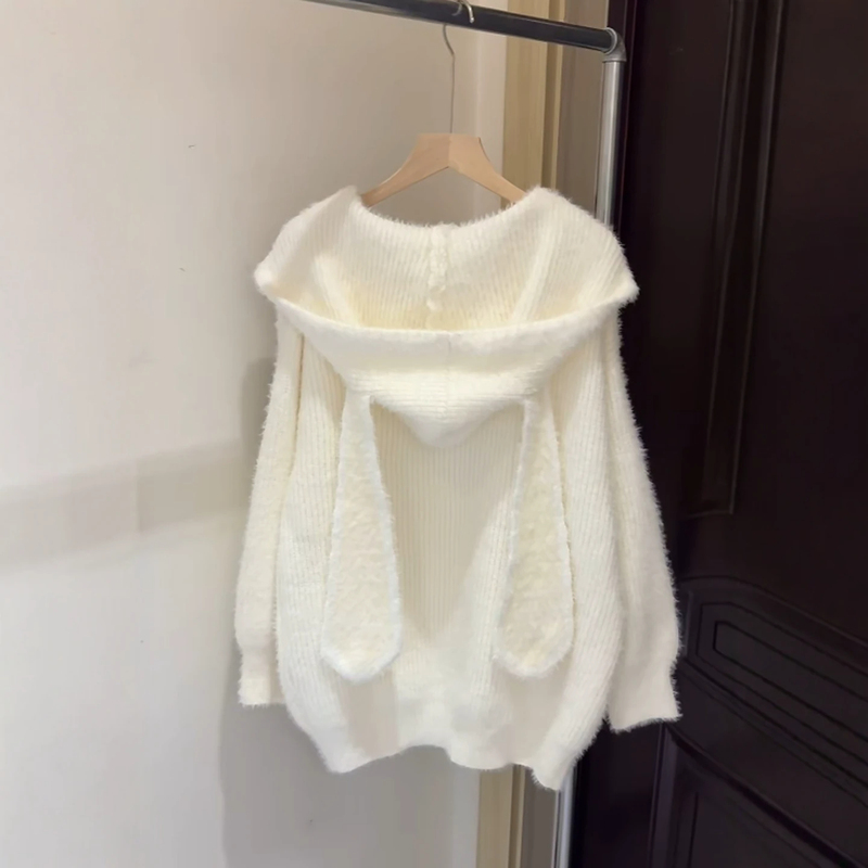 2026 Autumn and Winter New Plush Hooded Rabbit Ear Knit Sweater, Lazy Loose Versatile Coat for Petite Individuals