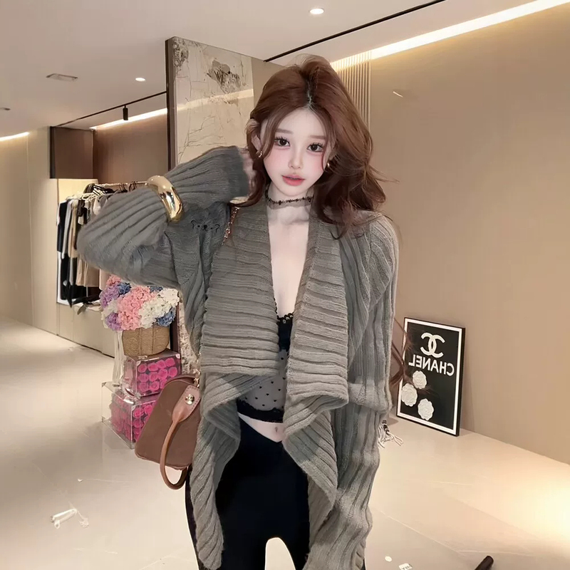 Casual Versatile Cable Knit Large Lapel Sweater Jacket for Women, Autumn Irregular Design Knit Cardigan Top Casual Versatile Cable Knit Large Lapel Sweater Jacket for Women, Autumn Irregular Design Knit Cardigan Top