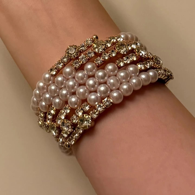 Bubblu『Louvre Dinner』Vintage Pearl and Rhinestone Multi-Layer Design Bracelet for Women, Retro Design Jewelry