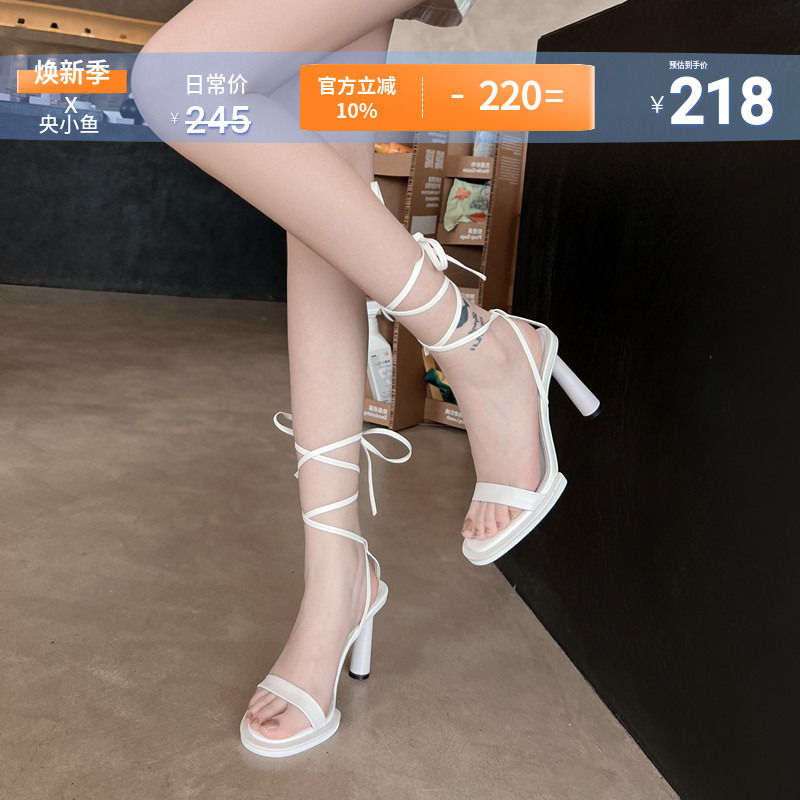 Yang Xiaoyu's Best-Selling Model Returns~ European and American Style White Strappy High-Heeled Sandals, Single Strap Lace-Up Roman Shoes for Women, Summer
