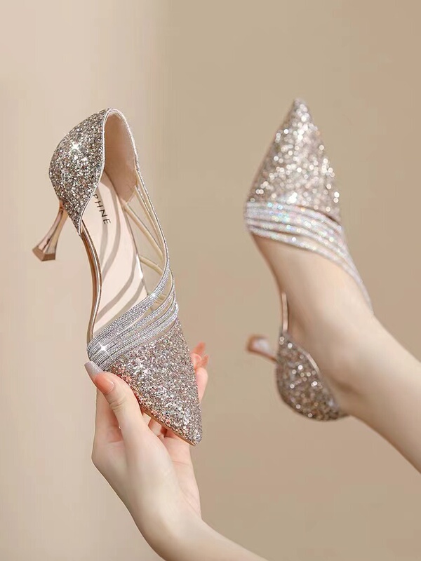 Champagne-Colored Wedding Shoes, Bridal Shoes, Stiletto Heels, Sequins, He Xiu Wedding Dress, Two-Wear Style, Comfortable for Feet, Can Be Worn Daily, Crystal High Heels