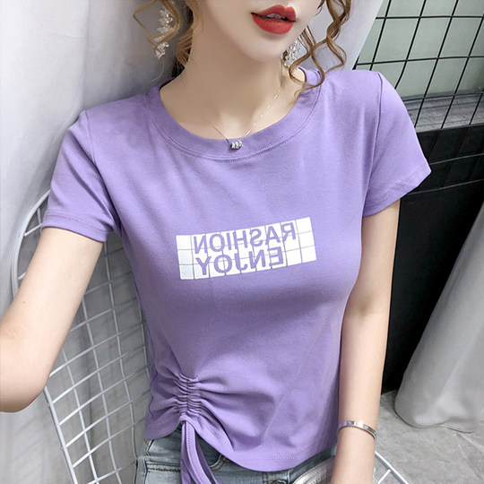 Fold drawstring women's T-shirt short-sleeved 2023 summer new style self-cultivation and thin short section age-reducing design top trendy