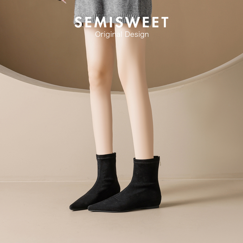 2025 Autumn/Winter Suede Flat Sock Boots, Slim Fit, Elegant Pointed Toe Short Boots for Women, Hidden Heel, Retro Style