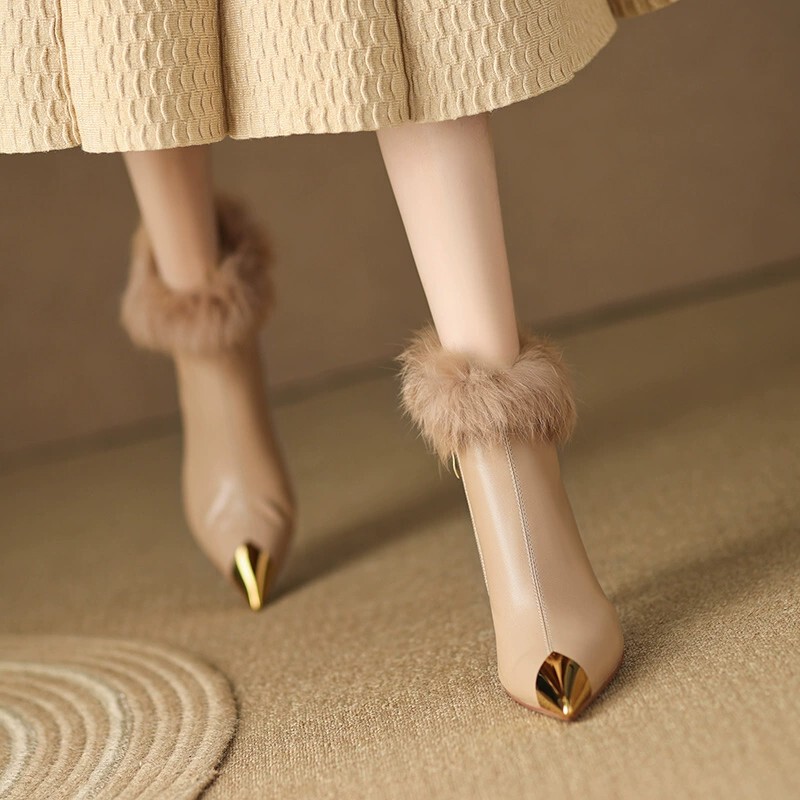 Metal-Toe Elegant Rabbit Fur Short Boots for Women with Stiletto Heels, Stylish Black Martin Boots for Autumn and Winter 2025