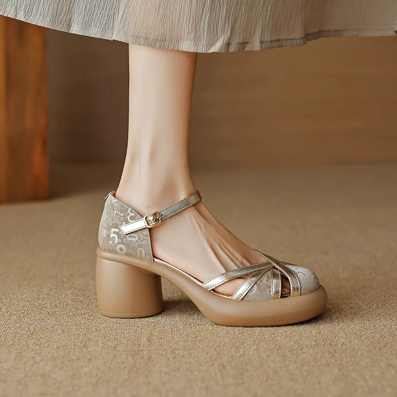 Small-Sized High-Heeled Platform Retro Closed-Toe Sandals for Women 2025 Summer Chunky Heel Color-Blocked Single Strap Buckle Roman Sandals Small-Sized High-Heeled Platform Retro Closed-Toe Sandals for Women 2025 Summer Chunky Heel Color-Blocked Single Strap Buckle Roman Sandals