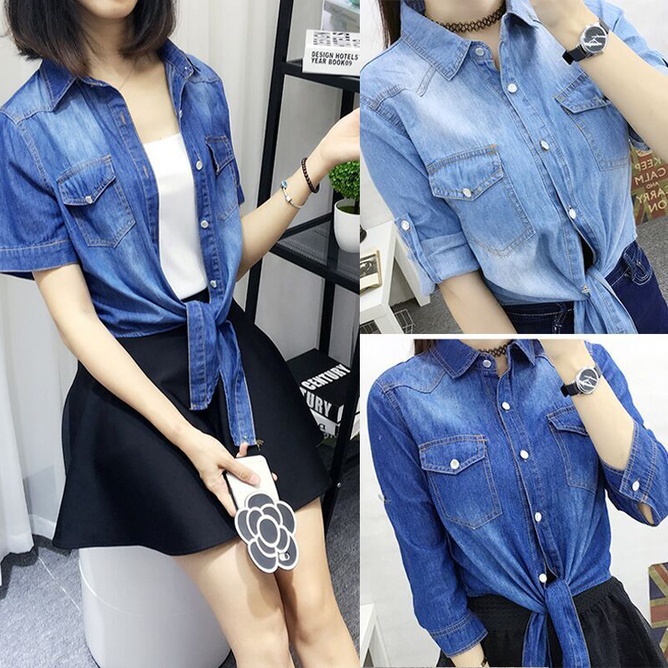 Denim Shirt for Women, Short, Thin, High-Waisted Jacket with Tie-Up Straps, Spring and Summer Waist-Cinching Shirt with Knotted Hem