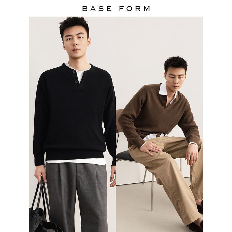 Baseform Wool and Silk Blend Round Neck Sweater Versatile Warm Henley Collar Knit Sweater Baseform Wool and Silk Blend Round Neck Sweater Versatile Warm Henley Collar Knit Sweater