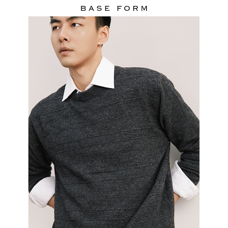 Baseform'Wheat Ear' Textured Crew Neck Sweater, Wool Blend, Loose Fit, Casual Knit Pullover for Autumn and Winter Baseform'Wheat Ear' Textured Crew Neck Sweater, Wool Blend, Loose Fit, Casual Knit Pullover for Autumn and Winter