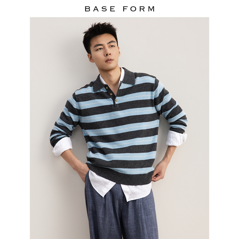 Baseform "Grey Island Floating in the Blue Sea" Striped Henry Collar Sweater, Warm and Casual Knitwear for Commuting, Long-Sleeved, Autumn and Winter Baseform "Grey Island Floating in the Blue Sea" Striped Henry Collar Sweater, Warm and Casual Knitwear for Commuting, Long-Sleeved, Autumn and Winter