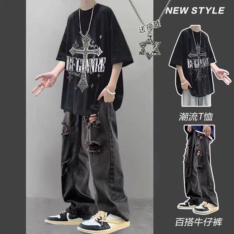 Hong Kong Style Short-Sleeved T-Shirt Set for Men, Summer Trendy Loose Fit, Paired with Cool Ripped Jeans Two-Piece Set