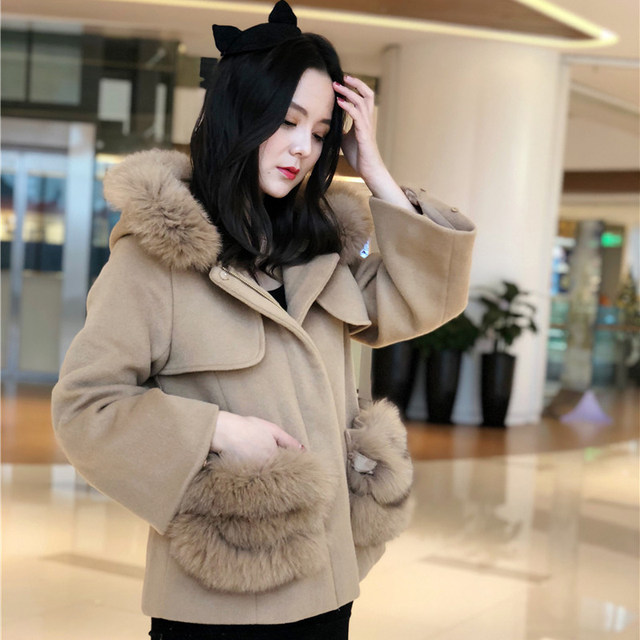 17 ລະດູໜາວໃໝ່ແບບຍີ່ປຸ່ນ 2way detachable fox fur cloak hooded woolen coat