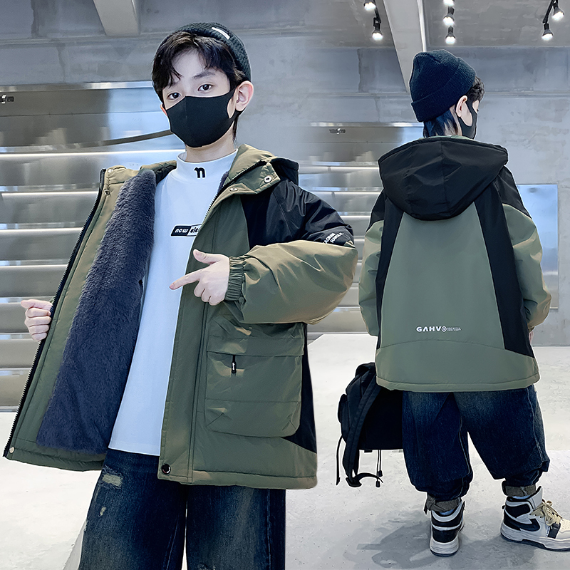 Boys' Fleece-Lined and Cotton-Padded Jacket, Autumn and Winter 2026 New Style, Stylish Thick Parka Trench Coat for Older Children