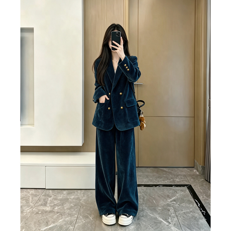 Corduroy Suit Set for Women 2026 Autumn and Winter New Style Mature and Sophisticated Complete Outfit Wide-Leg Pants Two-Piece Set