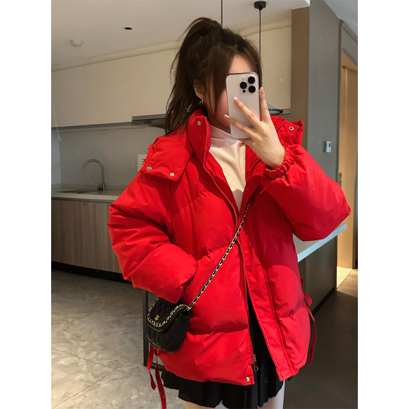 Red down Jacket for Women 2025 Winter New Style High-End Thickened Hooded Short Coat for Petite Figures 90% White Duck down