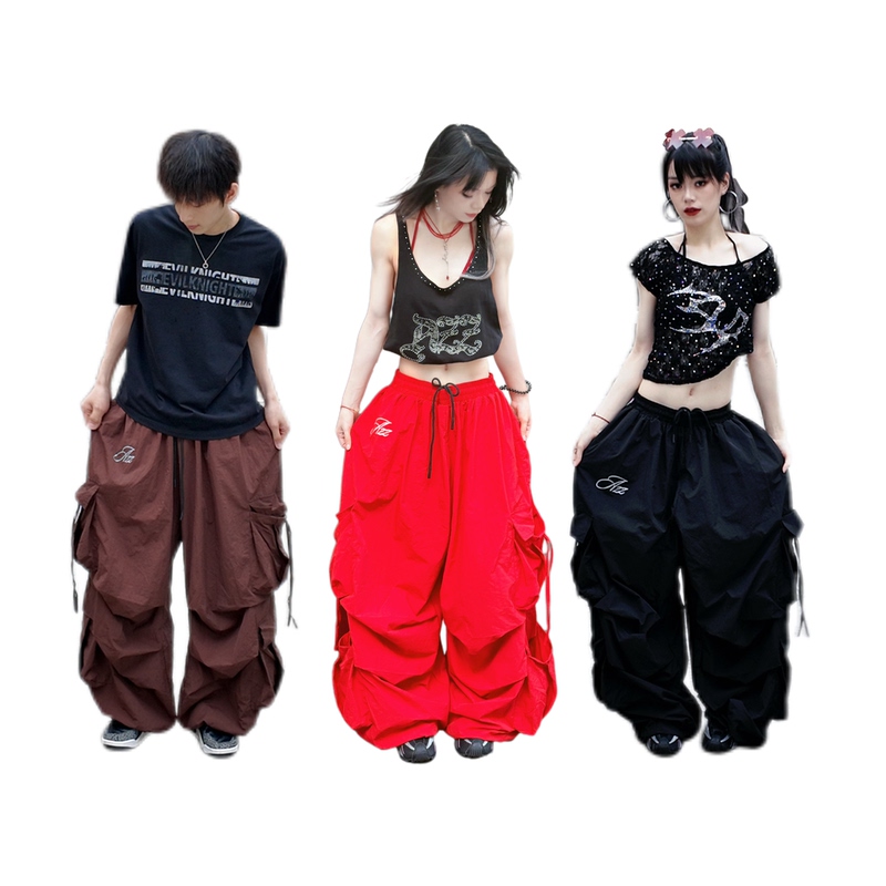 Azz Original Multi-Pleated Multi-Pocket Drawstring Design Laser Print Loose Wide-Leg Scimitar Pants