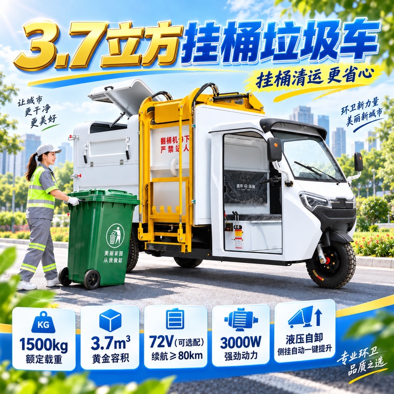 Electric Garbage Removal Vehicle, Three-Wheel Bucket-Mounted Self-Loading and Self-Unloading Vehicle, Four-Wheel Small Compression Sanitation Garbage Truck for Residential Property Management