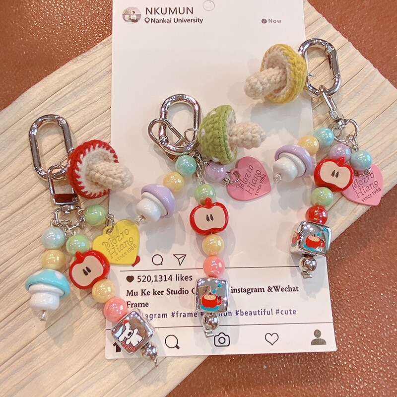 Korean Cute Crochet Little Mushroom Colorful Cute Girl Apple Beaded Car Keychain Pendant Bag Decoration
