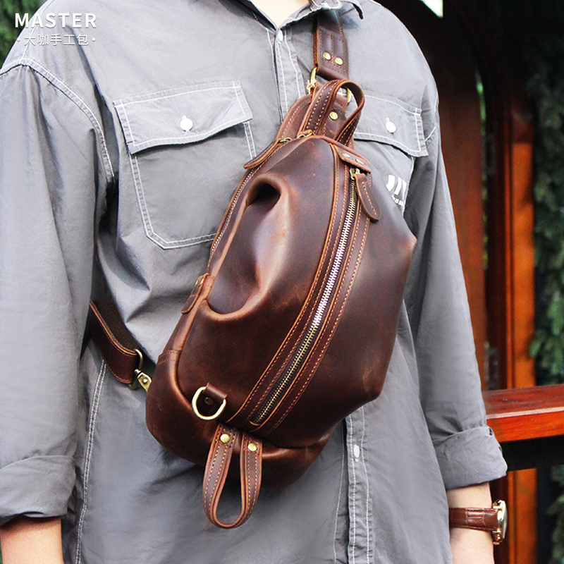 Crazy Horse Leather Chest Bag Beetle Bag Men's Crossbody Shoulder Bag Handmade First Layer Cowhide Trendy Motorcycle Casual