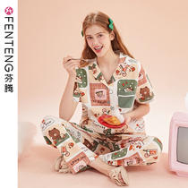 Fentencartoon Brown Bear Sleepwear Woman Spring Summer Pure Cotton Short Sleeve Long Pants Full Cotton Loose Thin home Suit Suit