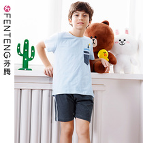 Fenteng childrens pyjamas summer boy round collar cover short sleeve shorts Two sets of all-cotton CUHK childrens home clothes