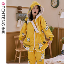 Finten Coral Fleece Pyjamas Woman Winter Thickened Flannel Korean Version Cute Cartoon Teenage Girl Autumn Winter Home Suit Suit