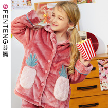 Fanten Fall Winter Girls Coral Fleece Pajamas Cute Sweet Cartoon Flannel Kids Princess Girls Home Clothing