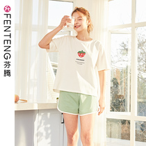 Fenteng pajamas womens summer short-sleeved shorts can be worn on the side of the Korean casual pullover girl sports Home suit