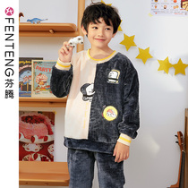 Finten Autumn Winter Coral Suede Children Pyjamas Boy Sleepwear Boy Condom Head Cartoon Boy Flannel Suede Suit Suit