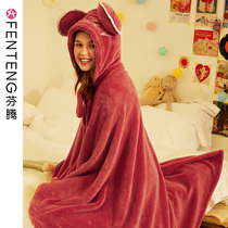 Fenteng winter coral suede pajamas woman long style pyjamas cartoon thickened warm cloak cape shawl flannel flannel suede