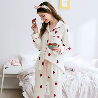 Bộ đồ ngủ nữ Fen Teng 2018 mới mùa xuân cotton dễ thương dài tay cardigan nữ ngọt ngào bên ngoài mặc bộ đồ phục vụ tại nhà đồ bộ cho người 60 tuổi Bên ngoài ăn mặc