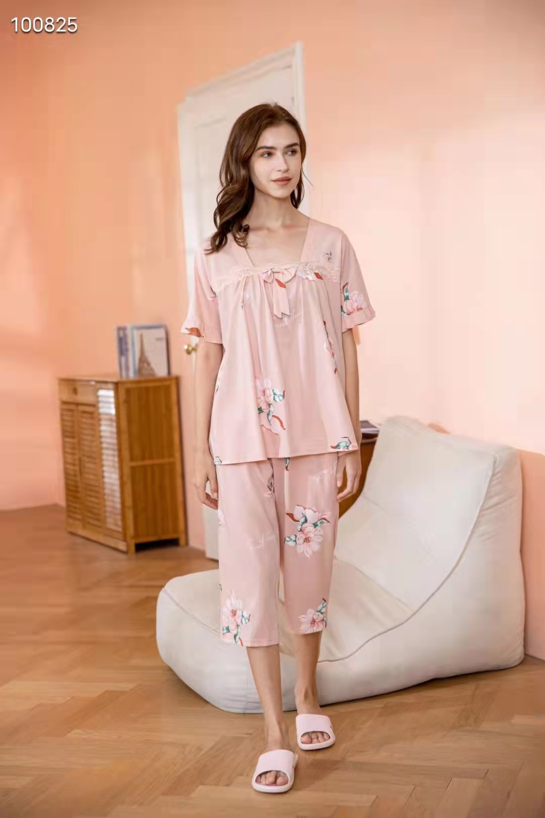 Special cabinet Anne Finchspring summer women's pure cotton round neckline jacket head half-sleeve seven-pants home Suit Pyjamas 38975