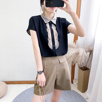 2021 new summer two-piece pants chiffon stitching short sleeve top shorts casual fashion wide leg set female foreign style